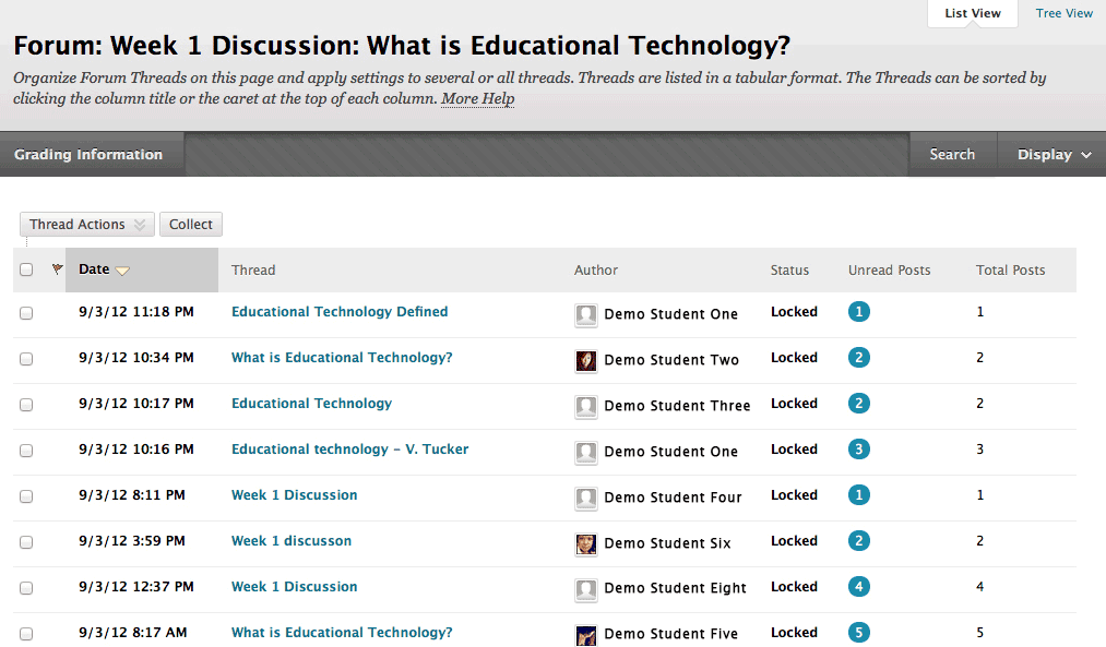 Captura de pantalla del panel de discusión de Blackboard
